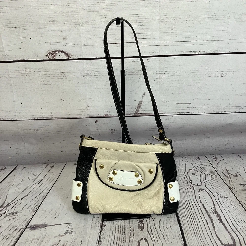 B. Makowsky Handbag Beige Black Leather‎ Crossbody Bag Purse